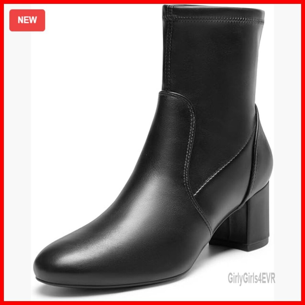 Women's Fitted Stretch Ankle Boots Low Chunky Heel Almond Toe